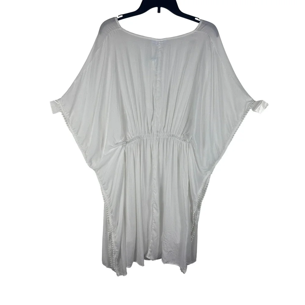 Draper James RSVP White Kaftan Swim Cover Up Pom Trim Size Medium Batwing NEW